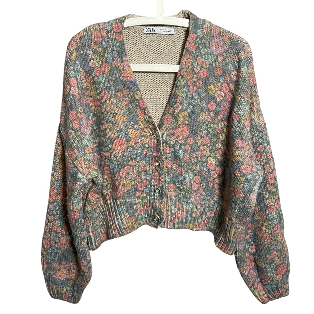 Zara Floral Multicolor Button-Up Knit Cardigan - Pink, Green, Yellow